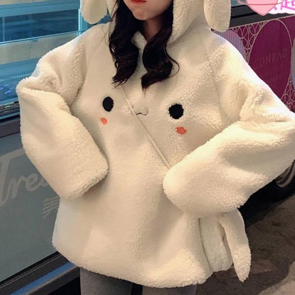 

hoodie new autumn and winter plus velvet thick sweatshirt female ears imitation lamb wool student loose hooded tide, Black