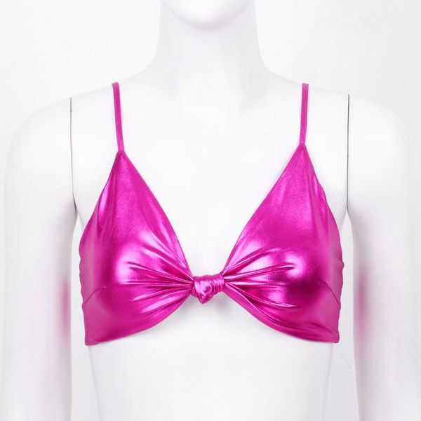 

bras womens shiny metallic bra rave outfit clubwear adjustable spaghetti straps deep v neck front knot non-padded bikini top, Red;black