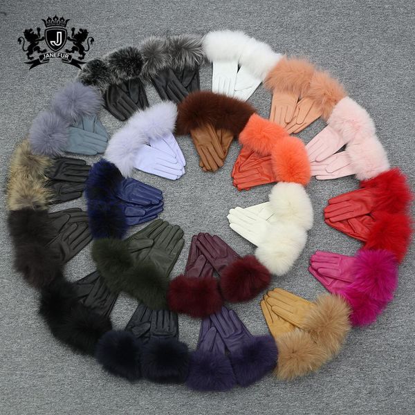 

winter women real sheep leather with soft fox fur warm solid fashion handmade gloves, Blue;gray