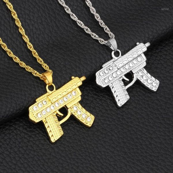 

new men hip hop necklace gold color uzi gun pendant necklace alloy full crystal bling chain accessories male1, Silver