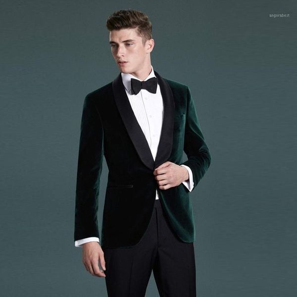 

shawl lapel groomsmen dark green velvet men suit groom tuxedo prom wedding man blazer slim fit suit men (jacket+pants1, White;black