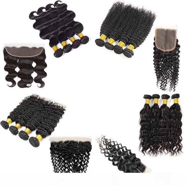 

9a brazilian virgin hair 4 bundles with closure straight body wave human hair bundles with frontal deep water wave extensions bulk order, Black;brown