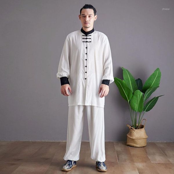 

men's chinese style tang suits sets long sleeve shirts pant tai chi clothing male loose casual stand collar shirt sports pants1, White;black