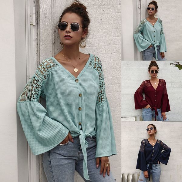 

women spring blouse summer v-neck lace hollow out embroidery long sleeve patchwork shirt plus size feminino female 2021 #t1g, White