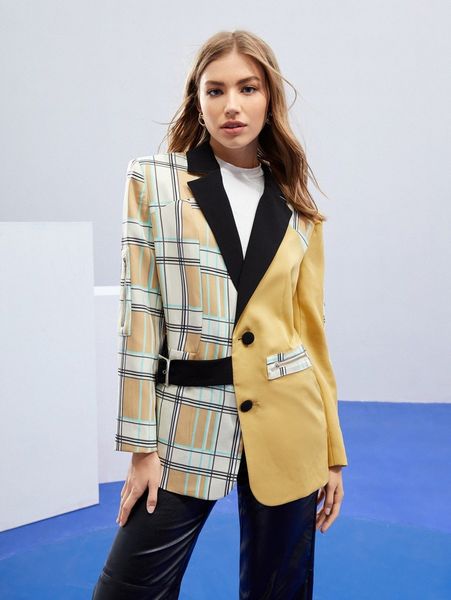 

x minosone plaid print button front belted blazer 15mu#, White;black