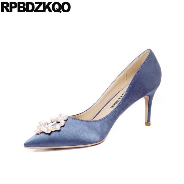 

dress shoes  42 crystal super pumps pearl satin korean high heels low women 8cm pointed toe metal thin diamond blue big size, Black