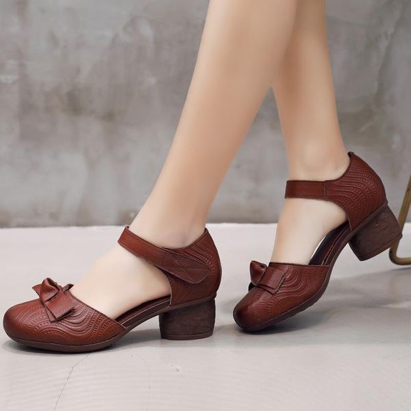 

alishinrey new summer retro sandals comfortable thick high heel women's sandals soft genuine leather women shoes, Black