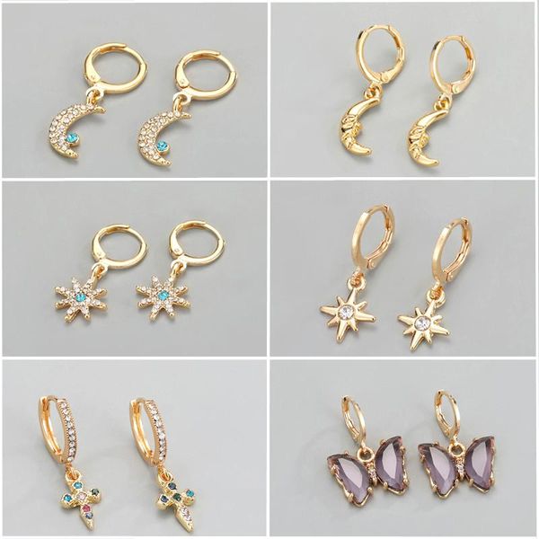 

hoop & huggie 1pair cute shiny crystal star moon earrings for women simple vintage cross butterfly pendant small ear stud jewelry, Golden;silver