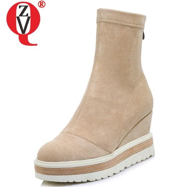

zvq autumn new concise mid calf boots outside high heels platform round toe kid suede zip women shoes drop shipping size 33-40, Black