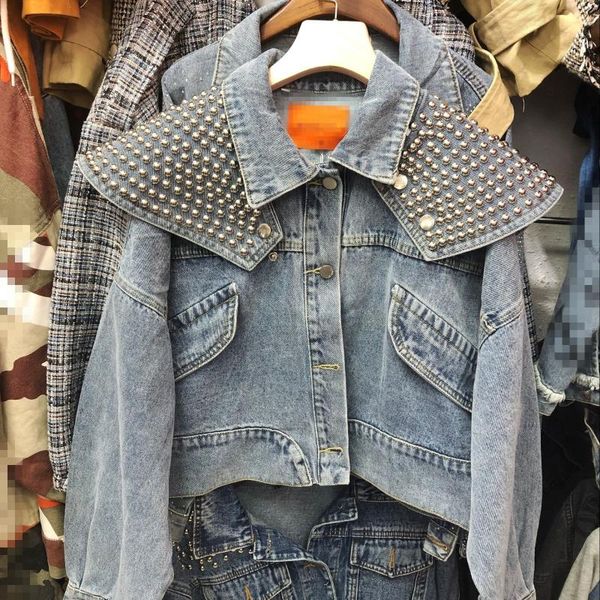

2020 new fall removable rivet lapel short jean jacket girls lady fashion long-sleeved cowboy coat womens loose jeans coats femme, Black;brown