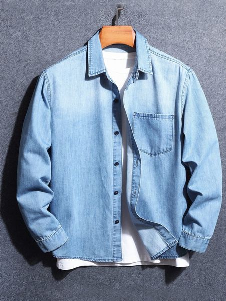 

men solid button through denim shirt 62mu#, Blue