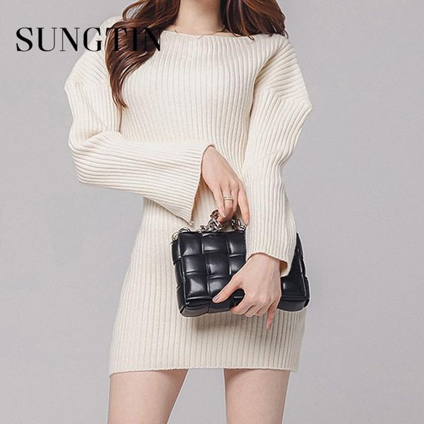 

sungtin solid knitted dress women vintage flare sleeve ribbed mini dress warm elegant soft slim sweater vestidos mujer chic, Black;gray