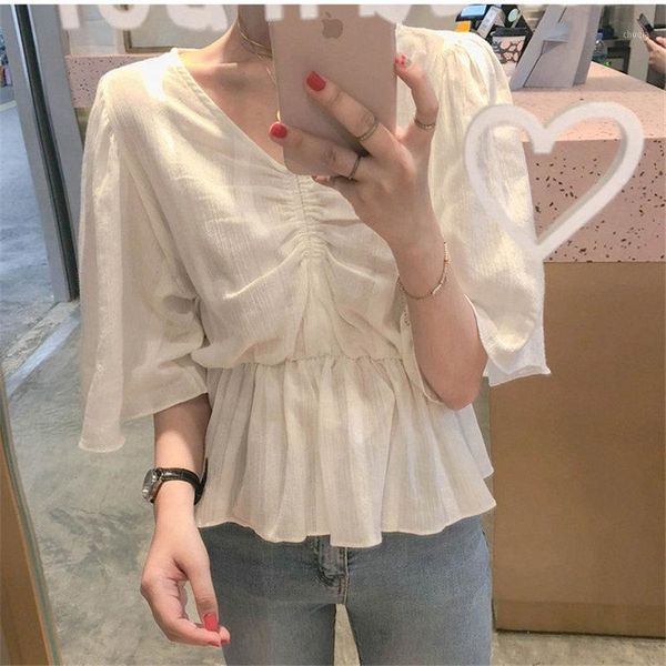 

alien kitty white flare-sleeved sweet waist-controlled chic pleated shirts 2020 summer cute elegance high street v-neck blouses1