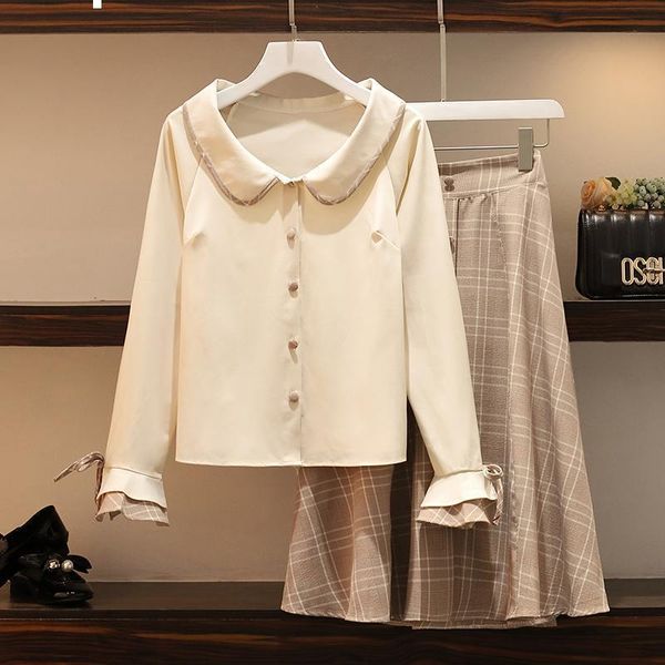 

2021 new 2 female spring single-autumn pieces breasted sleeve and middle chess skirt long suits plus size 4xl y464 pt96, Gray