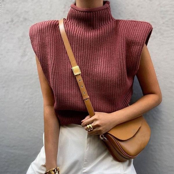 

turtleneck sleeveless women vest sweater 2020 white shoulder pads pullover knitted loose 2020 autumn winter casual jumper1, White;black