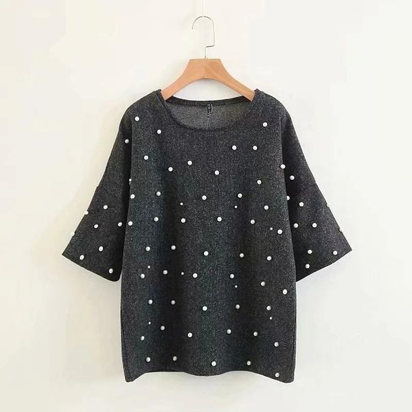 

women's blouses & shirts merodi autumn women fashion pearl appliques black oversize blouse 2021 ladies stylish short sleeve o-neck loos, White
