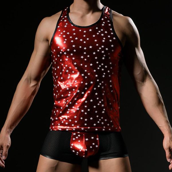 

yuayxea mens vest chinlon shiny stars tank for male gay wear bodysuit men's undershirts underpants set tees suit, Gray