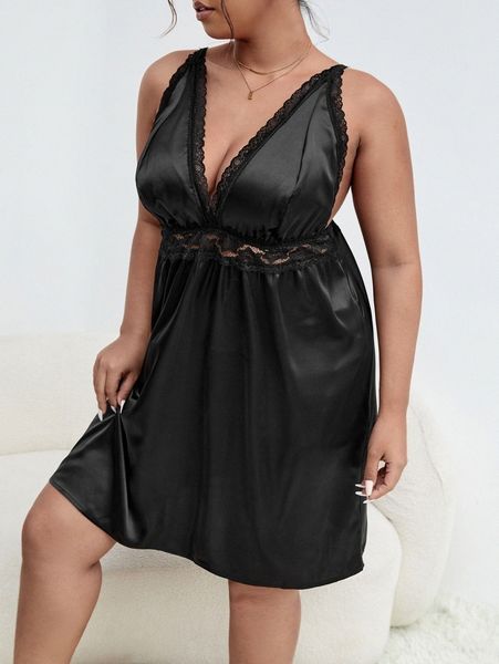 

plus contrast lace satin nightdress t6td#, Black;white