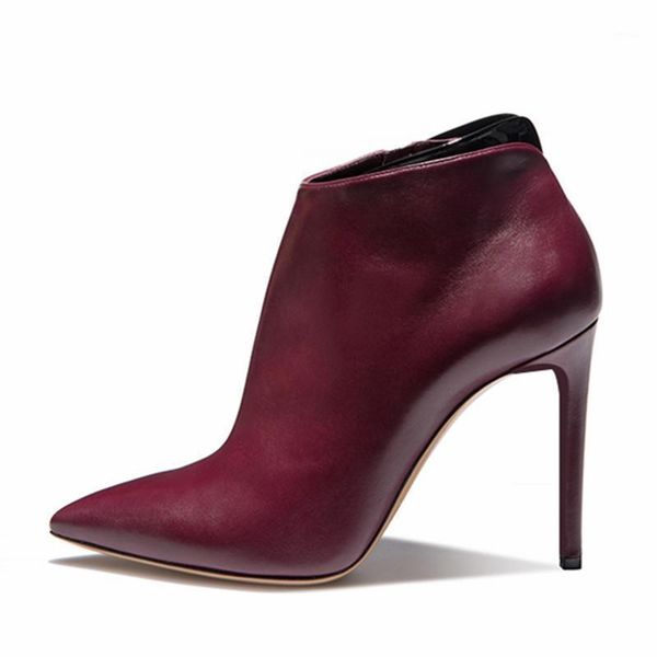 

boots wine red women ankle pointed toe genuine leather thin high heels side zipper pumps stiletto wedding dress shoes1, Black