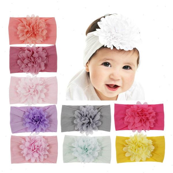 

baby girl big chiffon flower headband children turban headwear stretchy nylon wide hair band accessories, Slivery;white