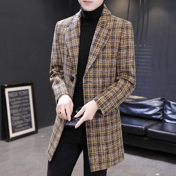 

new plaid striped tweed young mid long british style autumn and winter coat windbreaker men's wear, Tan;black