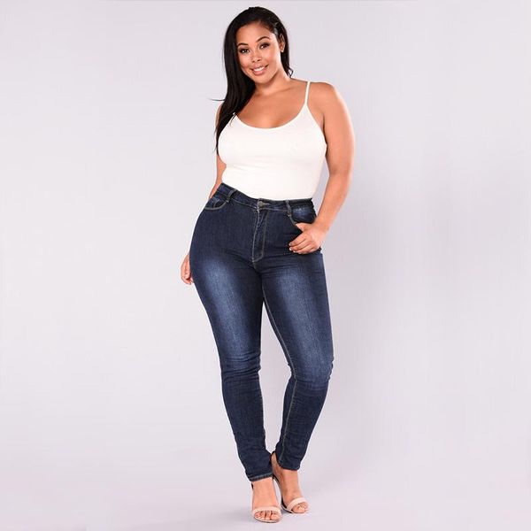 

fashion woman jeans stretch elastic leggings trousers high waist pocket denim pocket female pencil pants plus size jeans, Blue