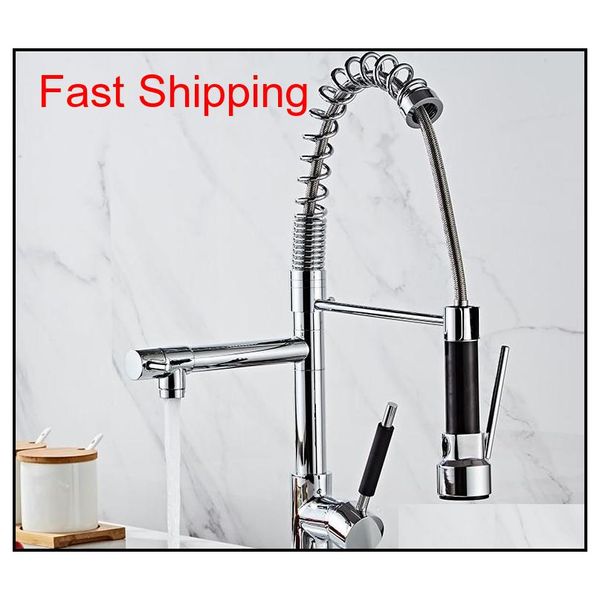 

wholesale polished chrome spring pull down kitchen faucet with two spouts handheld shower kitchen mixer tap deck mounted log98