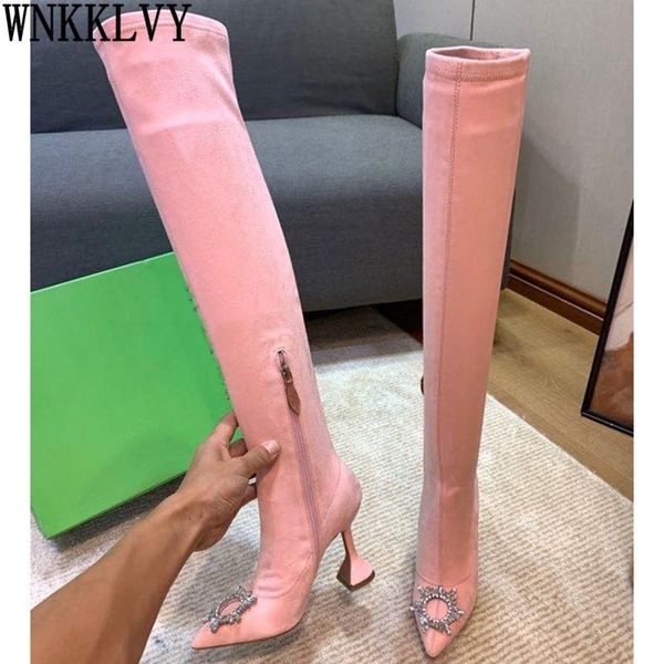 

boots pointed toe stretch over the knee women stain sunflower crystal decor elastic slim long booties autumn catwalk shoes, Black