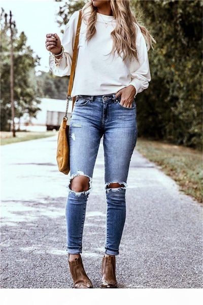 

hole pencil jeans summer lighted washed fashion designer denim pants fenalse street style casual clothes womens, Blue