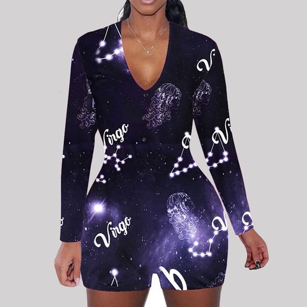 

women's print button one-piece pajamas jumpsuit v-neck tight long sleeve jumpsuit 12 constellations drop shipping, Black;white