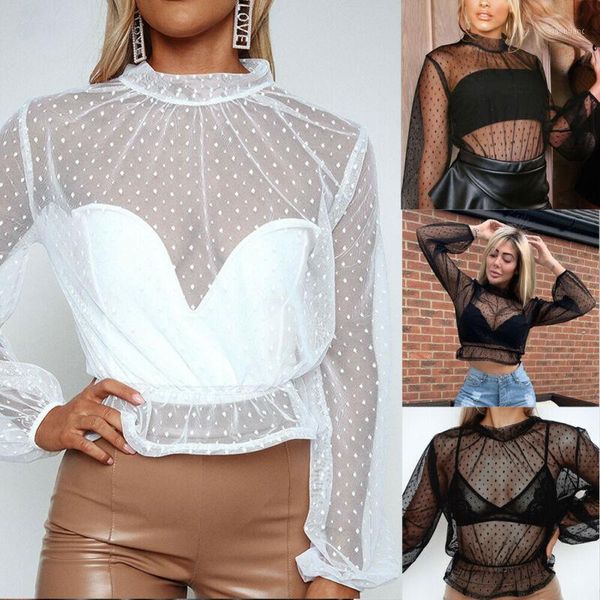 

women high neck polka dot print long sleeve see-through tees modern lady hollow out ruffles hem transparent mesh t-shirt1, White