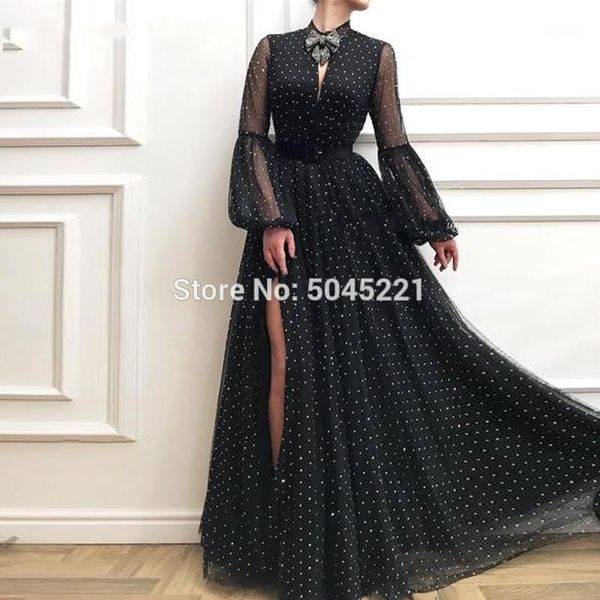

black attractive o neck long puffy sleeves tulle evening dresses slit prom vestidos de fiesta formal party dress arabic muslim1, White;black
