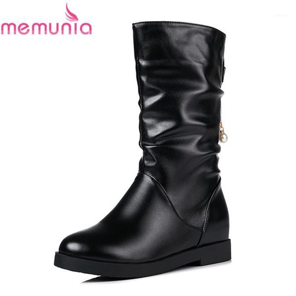 

memunia new 2020 arrival mid calf boots slip on with string bead 4cm heels boots round toe women's casual shoes size 30-431, Black
