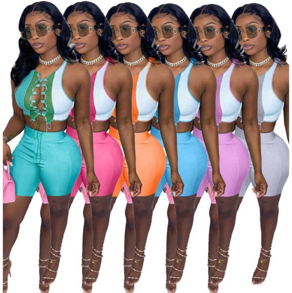 

women tracksuits two piece sets designer summer shorts outfits round neck color contrast splicing strap hollow out sleeveless, Gray