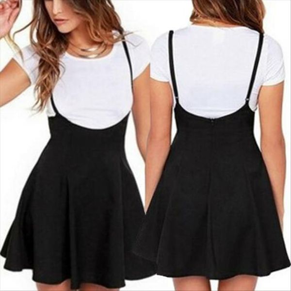 

factory direct sales women a line brace skirt overall strappy black pleated mini short skirts
