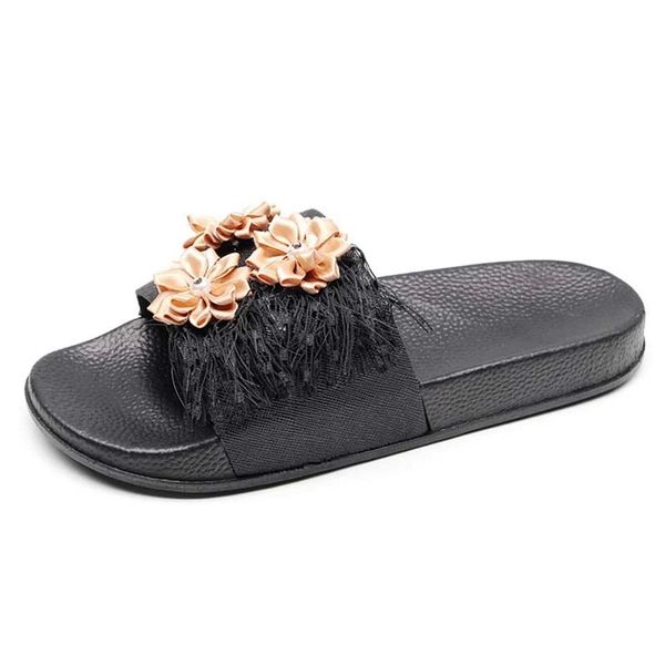 

summer beach sandals female women comfortable shallow mouth tassel flowers woman comfortable shoes sandals women summer shoes #ez6u, Black