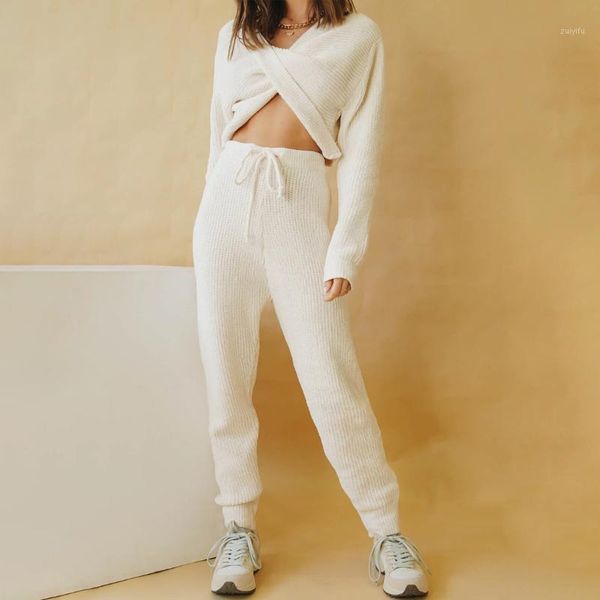 

litthing ribbed casual knitting women two piece sets long sleeve bodycon outfits button and long pants suit sets ladies1, White