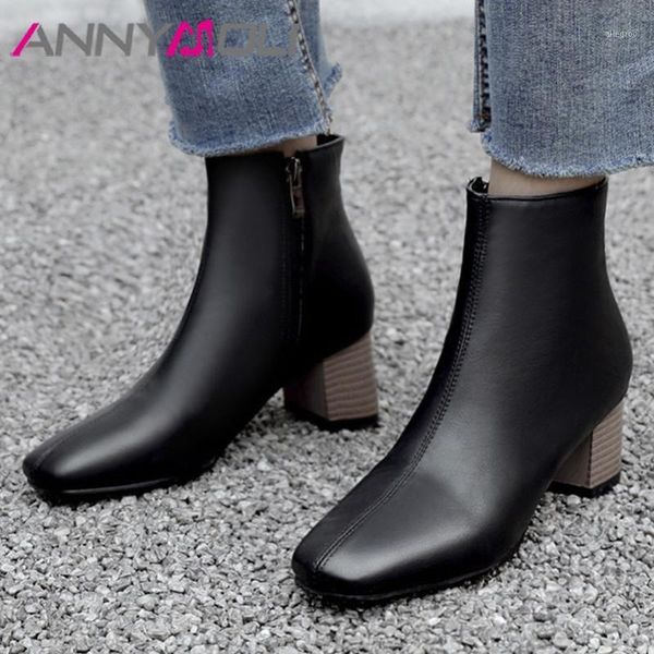 

boots annymoli short women shoes high heel ankle square toe chunky heels zipper lady footwear winter black apricot size 461