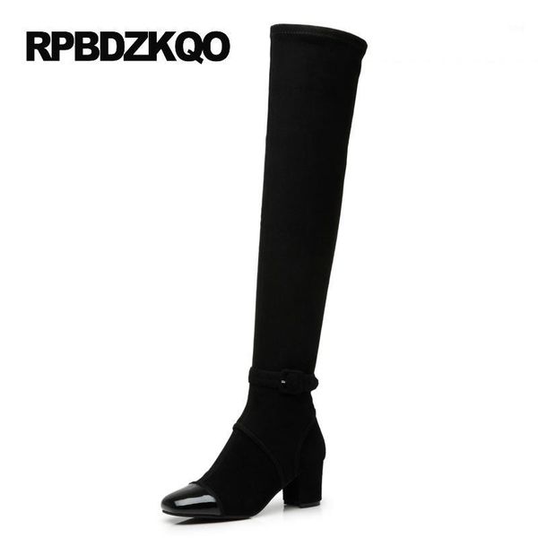 

boots slim high heel long luxury fur shoes elastic over the knee square toe black chunky suede thigh women genuine leather1