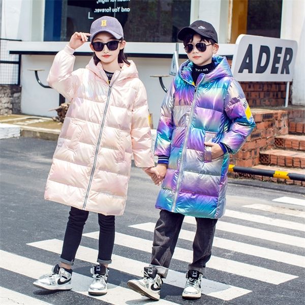 

children girls school winter jacket long style oversized hooded glossy parka teenage boys outerwear snow down coat 12 13 14 year lj201017, Blue;gray