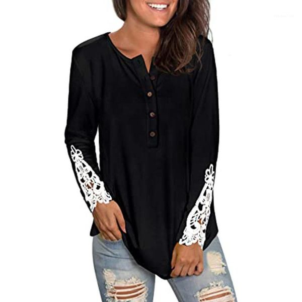 

t shirt spring autumn long sleeve crew neck wide waist tees ladies button women lace panelled, White