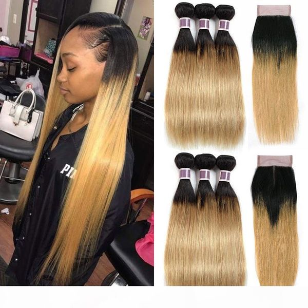 

pre-colored raw virgin hair 3 bundles with lace closure 1b 27 ombre honey blonde straight 100% brazilian human hair weaves, Black;brown