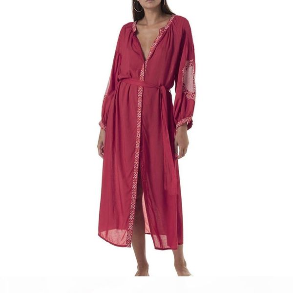 

2020 red bohemian cover-ups swimwear embroidered front open summer beach dress long cotton tunic women plus size beachwear swimsuit cover up, White;black