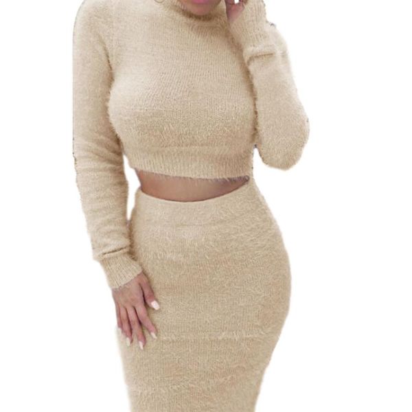 

women 2 piece outfits, long sleeve mock neck fuzzy crop and bodycon midi pencil skirt set, Gray