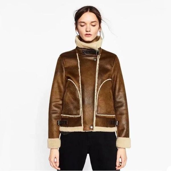 

villus splicing women suede fabric coat 2020 winter new fashion warm leather jacket motorcycle leather coat women1, Black;brown