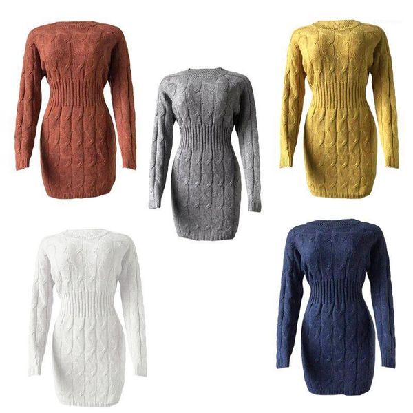 

women winter long sleeve cable knit midi sweater dress o-neck solid color stretch empire high waist basic jumper 1, White;black