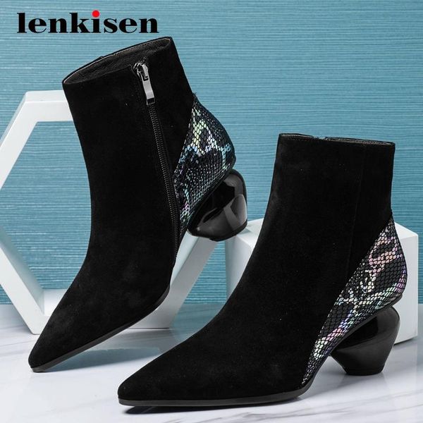 

lenkisen large size sheep suede mixed cloth streetwear pointed toe high strange heel zipper elegant lady dating ankle boots l2f5, Black