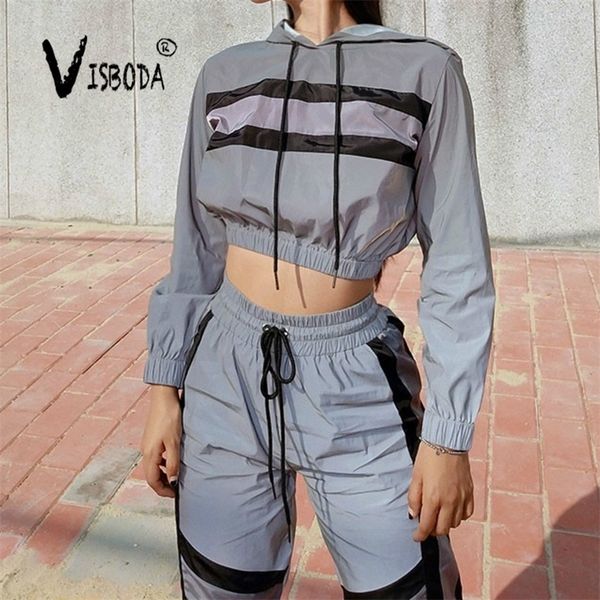 

women's tracksuits 2 piece set reflection crop and pants fashion female loose long sleeve hoodies jogger pants sets femme y200110, White
