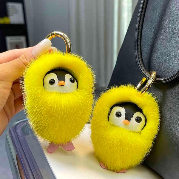 Di lusso Vera Pelliccia di Visone Giallo Pengui Ciondolo Portachiavi Giocattoli Simpatico Pinguino Portachiavi Borsa Auto Chiave Ornamento Peluche Gingillo Gioielli Regali