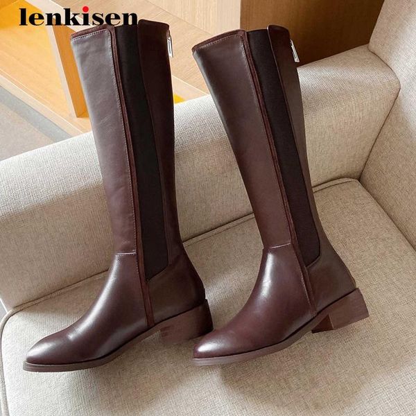 

boots lenkisen 2021 riding real leather stretch leisure round toe thick med heel zipper big size daily wear knee-high l05, Black